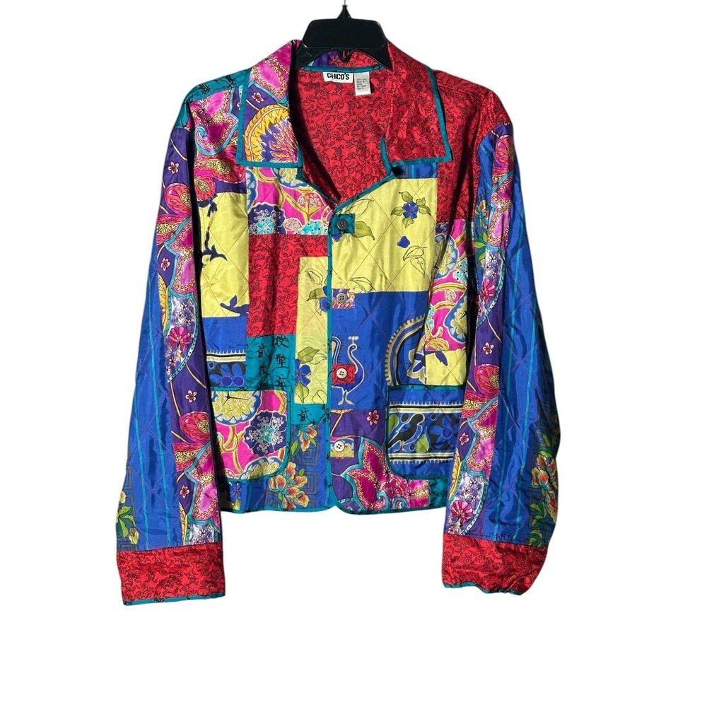 Vintage 100% Silk Patchwork Chicos Jacket Large (2) Pockets Boho‎ Rainbow #A4-1